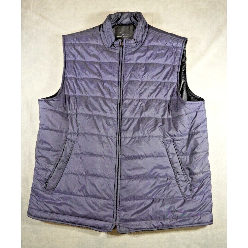 Marc Anthony Puffer Vest Mens XL Blue w/ Gray Lines Full Zip Collared Preppy‎